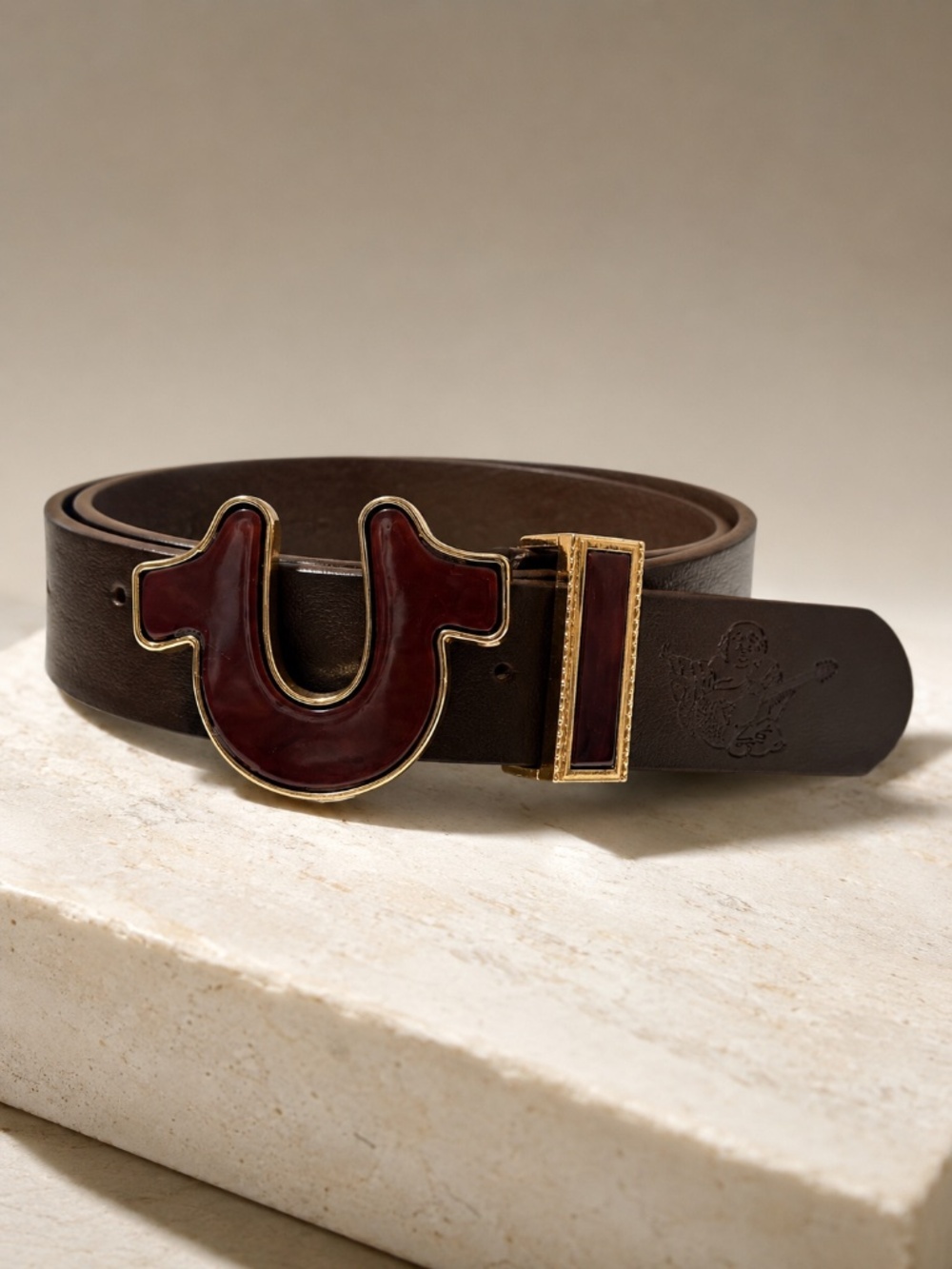 True Religion NWT Chocolate Brown Enamel Horseshoe Buckle Belt PU